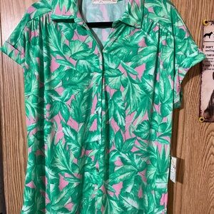Fair Haven Women Green & Pink Floral Print Shirt Size 1X NWT Short Sleeve